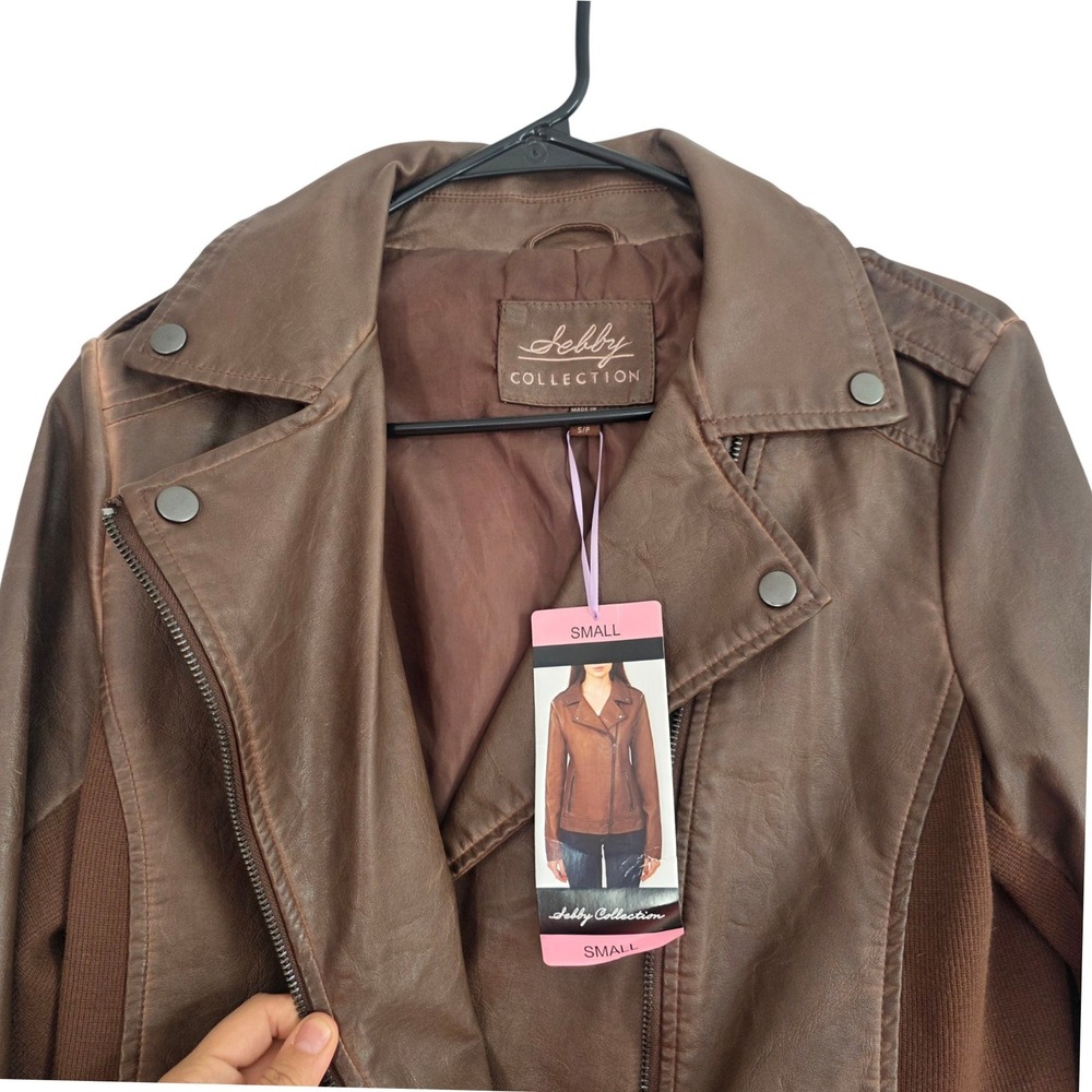 Debby‎ Collection Women Faux Leather Moto Jacket Brown Small Asymmetrical Zip